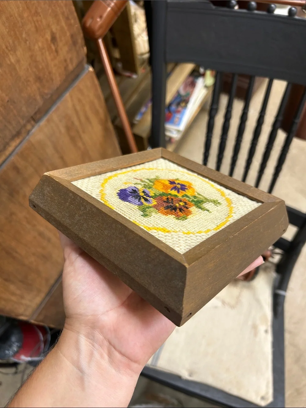 Vintage Framed Pansy Cross-Stitch in Yellow, Purple, Orange, Green